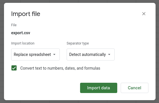 Google sheets import settings